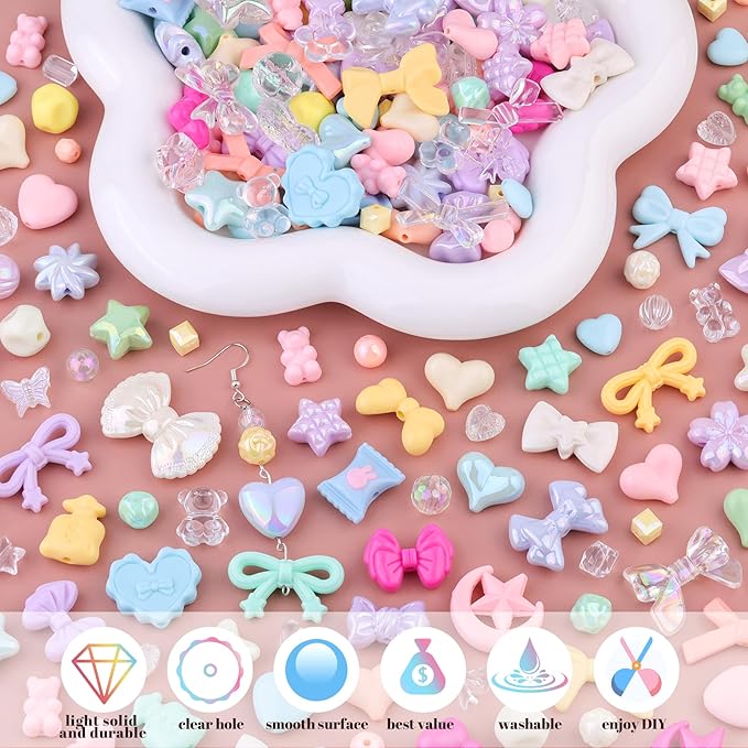 200-260PCS TINKRSTUFF Assorted Acrylic Beads Macaroon Color Cute Beads for Bracelet Making, Bow Aesthetic GummyBear Candy Butterfly Kawaii Charms for Jewelry Making DIY Necklace Keychain Phone Charm
