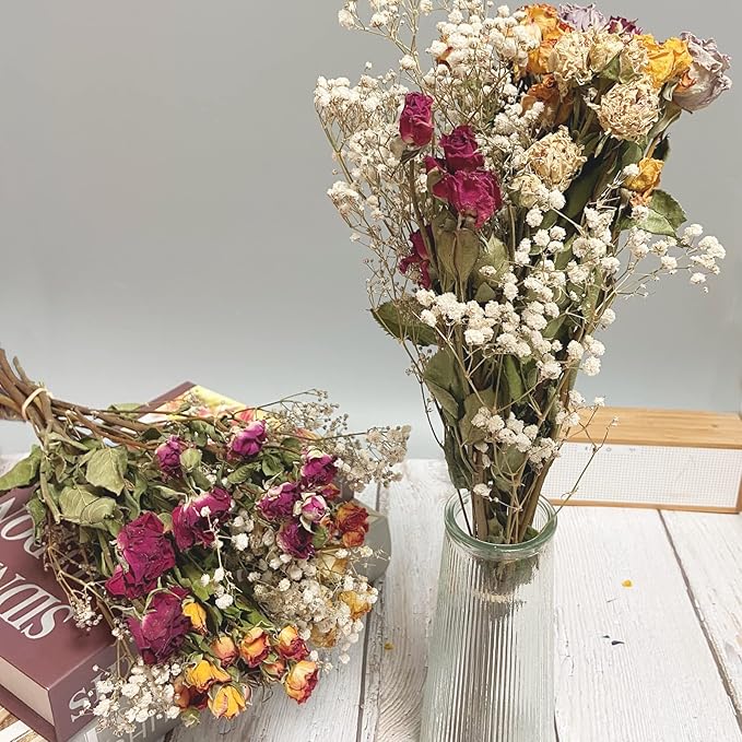 L'BREVOGA Dried Flowers with Stem, 16 inches Dried Spray Rose with Baby's Breath for Floral Arrangments Home Decoration (Rose)