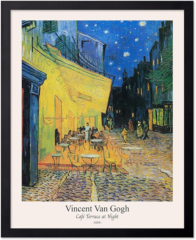 Monem Art Vintage Van Gogh Poster - Retro Cafe Terrace at Night Print - Impressionism Art - Fine Art - Classic Painting Art - Aesthetic Living Room or Bedroom Wall Decor - 8x10 Black Framed