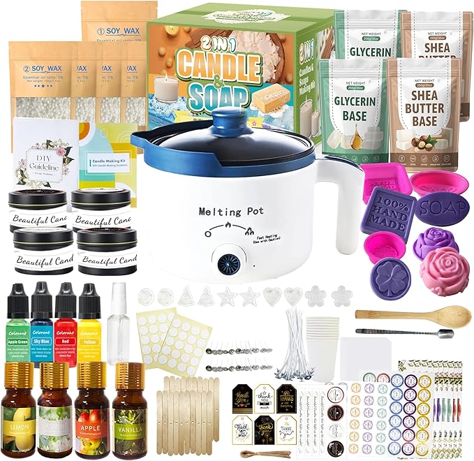 PIUH Basic DIY 2-in-1 Candle & Soap Making Supplies Kit with Wax/Soap Melter and Candles/Soaps Making Supplies for Adults Beginners, Starter Making Candle Soap Craft Kits Gifts