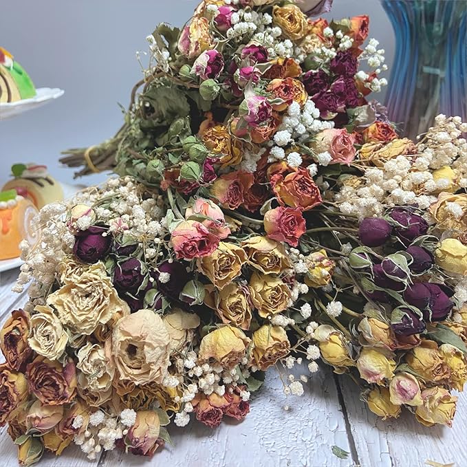 L'BREVOGA Dried Flowers with Stem, 16 inches Dried Spray Rose with Baby's Breath for Floral Arrangments Home Decoration (Rose)