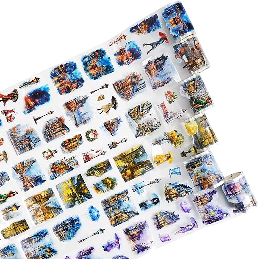Night Scene PET Tape Set – 6 Rolls of Pre-Cut Landscape Stickers with Clip, Waterproof Scrapbook Kit for Journaling, DIY Crafts, and Decorative Embellishment