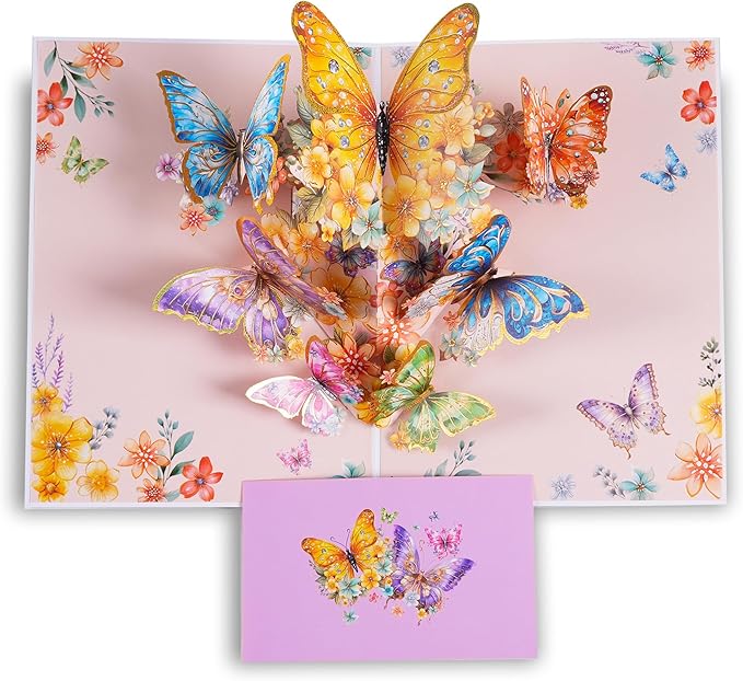 3D Bouquet Butterflys Orange Pop Up Thank you Card, Teacher Appreciation Card, Handmade Flowers Box Greeting Cards with Note and Envelope for New Year Anniversary