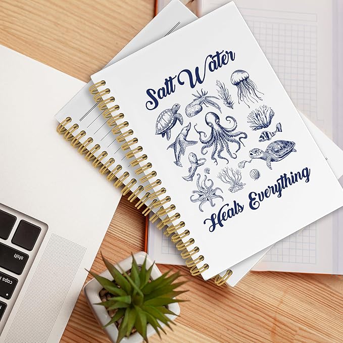 Coastal Beach Notebook, Inspirational Salt Water Heals Everything Ocean Marine Journal Notebooks, Ocean Themed Gifts, Beachy Office School Supplies Hardcover Spiral Notebook 5.5x8.3 Inch