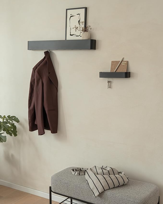 Kazai.®️ Coat Rack Wall Mount with Shelf 'Tone' | Modern Design Coat Hanger with Hidden Hooks and Storage | Hat Rack with Shelf in Metal | Wall-Mounted Purse Organizer | Black