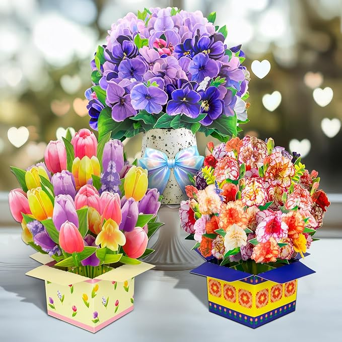 Magic Ants Pop Up Flower Bouquet Card Set – 3D Tulips, Violets & Carnations – Includes Blank Note Cards & Envelopes – for Mother's Day, Women's Birthdays, Get Well, Thank You, Sympathy