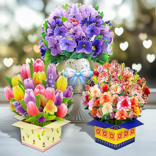 Magic Ants Pop Up Flower Bouquet Card Set – 3D Tulips, Violets & Carnations – Includes Blank Note Cards & Envelopes – for Mother's Day, Women's Birthdays, Get Well, Thank You, Sympathy