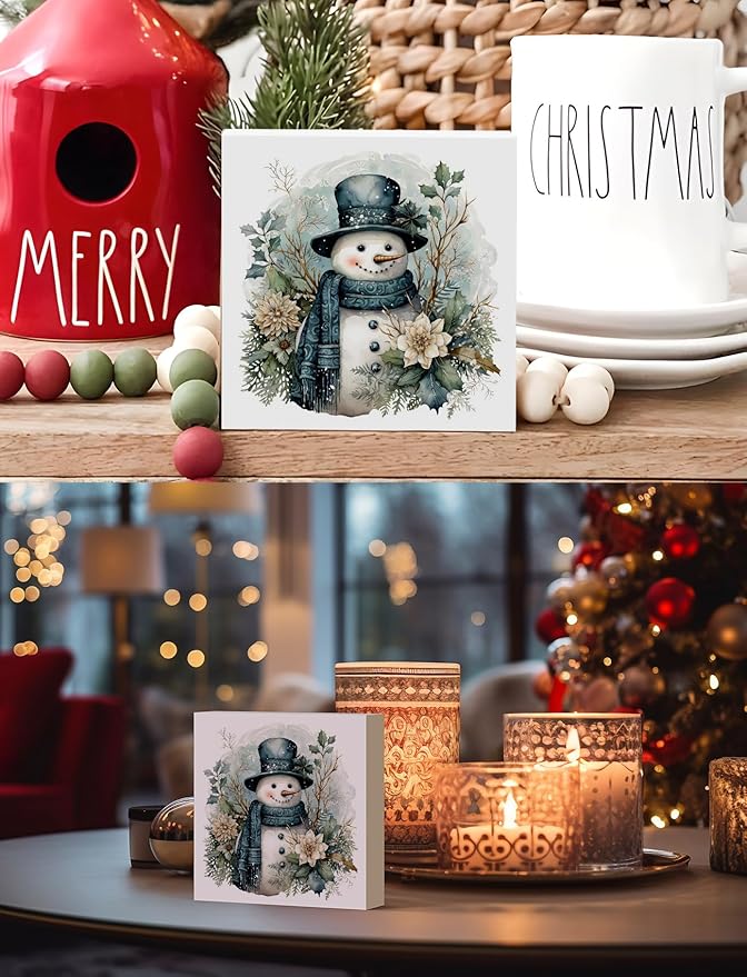 Floral Christmas Snowman Wooden Box Sign, Blue Snowman Christmas Decorations, Vintage Xmas Winter Holiday Wood Signs for Home Office Desk Shelf Table Decor, 5x5 Inch Decorative Signage