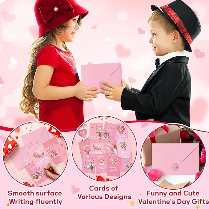 TICIAGA 72PCS Valentine's Day Religious Themed Greeting Cards with Envelop Retro Bible Notecard Sticker for Kids Flower Heartfelt Exchange Gifts for Boys and Girls Christian Classroom Party Favors