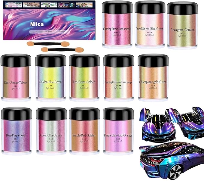 Glitter Resin Powder Color Pigment Set - 12 Bottles Pearlescent & Color-Changing Mica Powder | Cosmetic-Grade Pigment for Epoxy Resin, Candle Making, Nail Polish, Clay, Ceramics, Lip Gloss