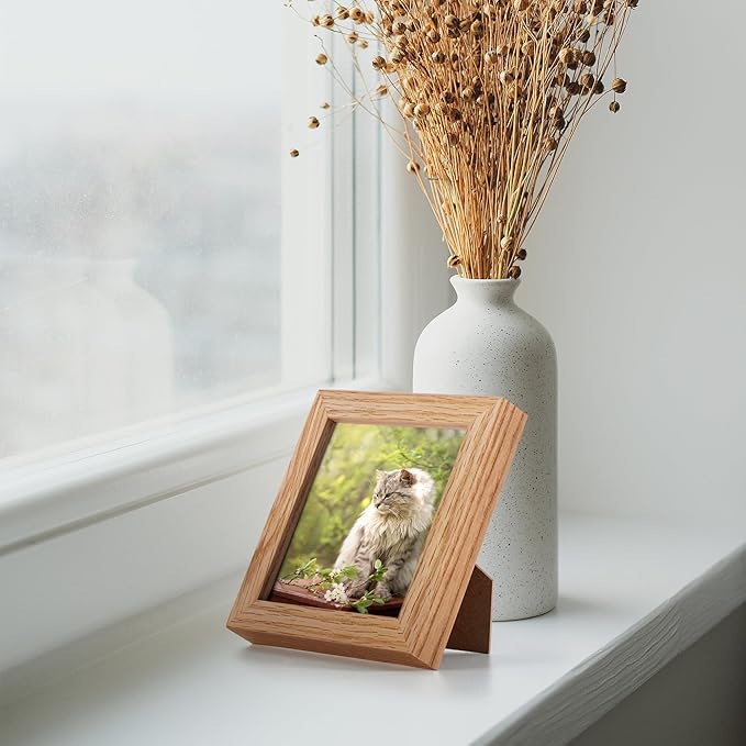 Solid White Oak Wood 4x4 Picture Frame - Set of 2 with Tempered Real Glass for Wall & Tabletop Display