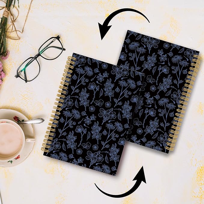 Pugwak Vintage Floral Dark Journal Notebook - Aesthetic Black Botanical Flower Notebooks College Ruled for Work School, Gifts for Women Coworker, Office Supplies, Hardcover Spiral Notebook 5.5"x8.3"