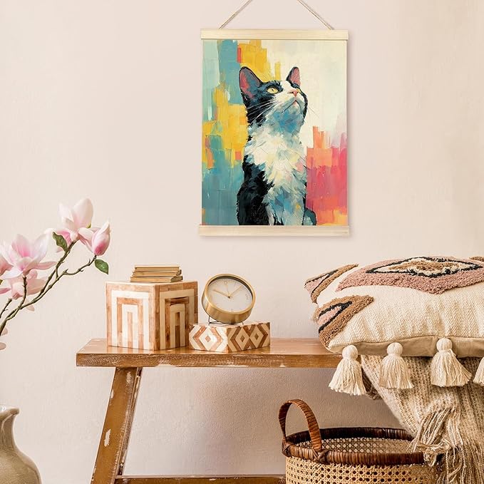 bitCNY Colorful Cat Wall Art – 12x16 Inch Bright Abstract Tuxedo Canvas Print, Modern Pet Painting for Cat Lovers & Kids’ Room