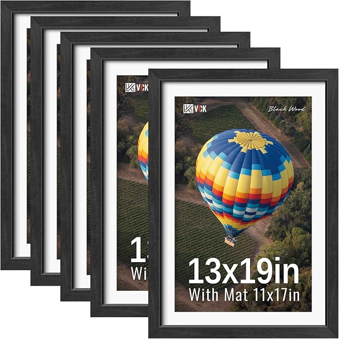 VCK 13x19 Picture Frames Black Set of 5, Wide Border Wood, Tempered Glass, Display 11x17 Photo with Mat or 13 x 19 without, for Home, Office, Gallery, Woodgrain Series, Wall Hanging