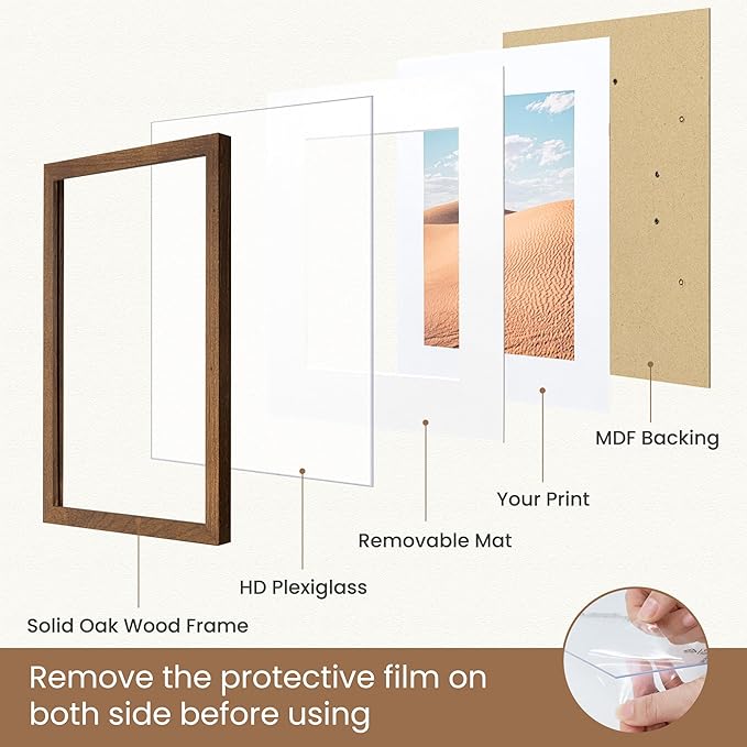 Dreamland 5x7 Picture Frame, Solid Oak Wood Photo Frame with Mat for 4x6, 5 x 7 Matted Picture Frames with Resistant Plexiglass for Wall Mounting or Tabletop, Walnut Color, Set of 1