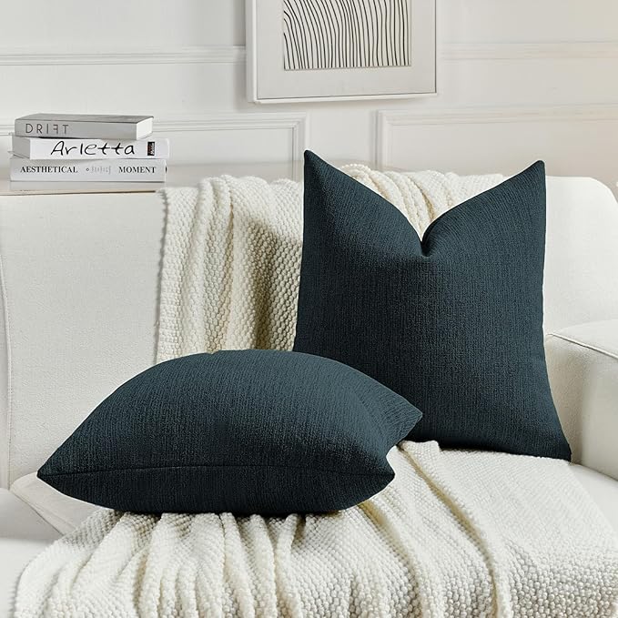 FUTEI Navy Blue Chenille Decorative Throw Pillow Covers 26x26 Inch Set of 2,Soft Cozy Faux Linen Textured Euro Pillow Shams,Farmhouse Home Decor for Couch Living Room