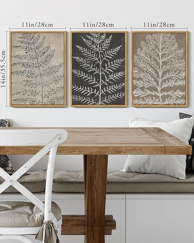 KUVIOKE Vintage Botanical Framed Wall Art Bohemian Tan Plant Leaf Wall Decor Nature Fern Plant Silhouette Wall Painting Home Decor 11x14in (Natural Framed)