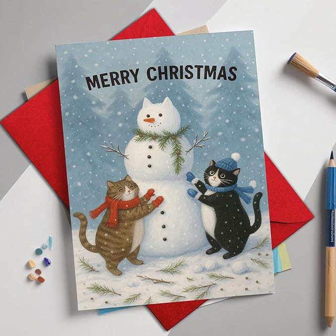 (5.3x8in) Merry Christmas Card with Envelope, Cute Cats Building Snowman Illustration, Cozy Winter Holiday Greeting for Friends, Family, Cat Lovers, and Animal Enthusiasts (Xmas 31)