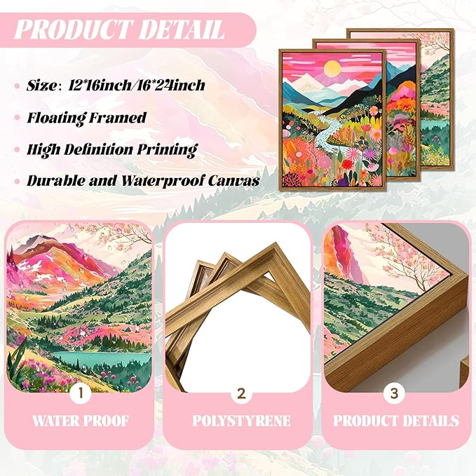 Floating Framed Large Boho Colorful Mountain Wall Art Set of 3, Abstract Watercolor Landscape Flower Wall Decor Paintings, Modern Nature Sunset Forest Posters Prints for Living Room 16x24 Inch