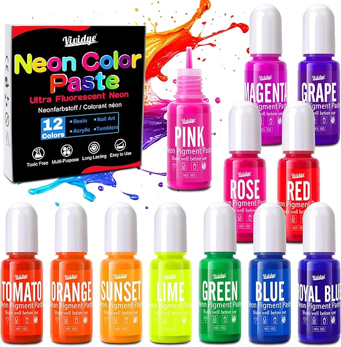Neon Pigment Dye - 12x10g Concentrated Resin Pigment Paste for Epoxy Resin, Nail Art, Slime, Painting, Candle, Soap Making, Neon Dye for Halloween Decoration, Jewelry, DIY Crafts, Highly Pigmented