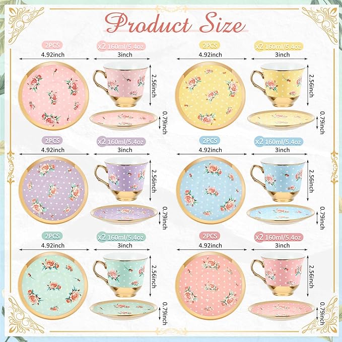 Set of 12 Tea Cups and Saucers Tea Party Decorations Floral Porcelain 5.4 oz British Gift for Women Birthday Party, Church, and Mother's Day (Vintage Style)