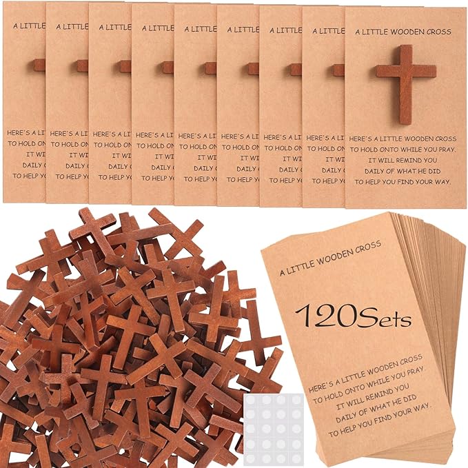 Bucherry 120 Set Pocket Hug Token Bulk Hug Greeting Cards with Mini Wooden Cross Greeting Cards Keepsake Exchange Card Relationship Gift for Friends Colleagues Family Christians Church Gifts (Brown)