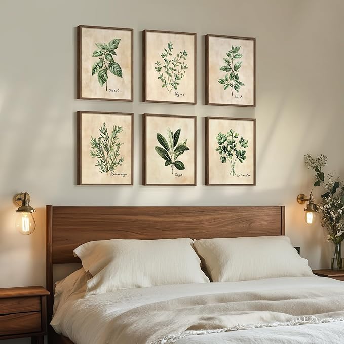 Framed Sage Green Botanical Wall Art for Kitchen, Set of 6 Rustic Herb Canvas Prints Artwork for Modern Farmhouse Walls, Herbs Spices Plant Leaf Pictures for Dining Room Living Room Bedroom Wall Decor