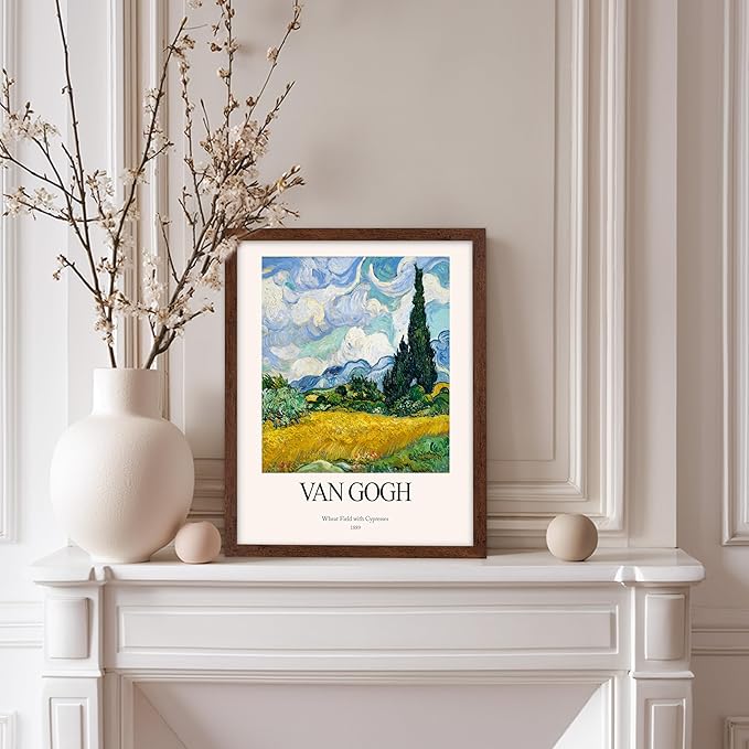 Monem Art Vintage Van Gogh Poster - Retro Impressionist Print - Wheat Field With Cypresses, Trees, Sky, Landscape - Gift for Artist, Friend - Wall Decor for Home, Office, 8x10 Brown Framed
