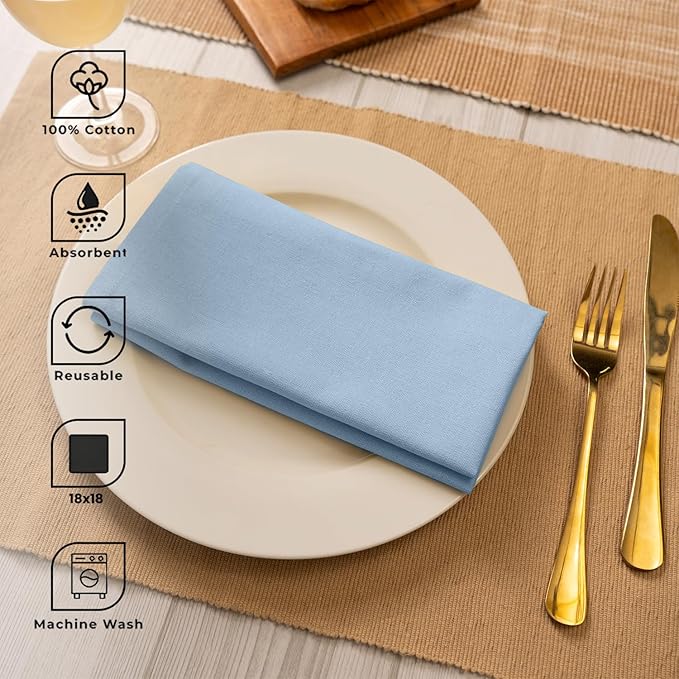 Blue Needles Solid Cloth Napkins Set of 12 Ice Blue 100% Cotton Dinner Napkins 18x18 inches - Soft, Reusable, Absorbent & Washable Linen, Ideal for Christmas Events, Parties & Everyday Use