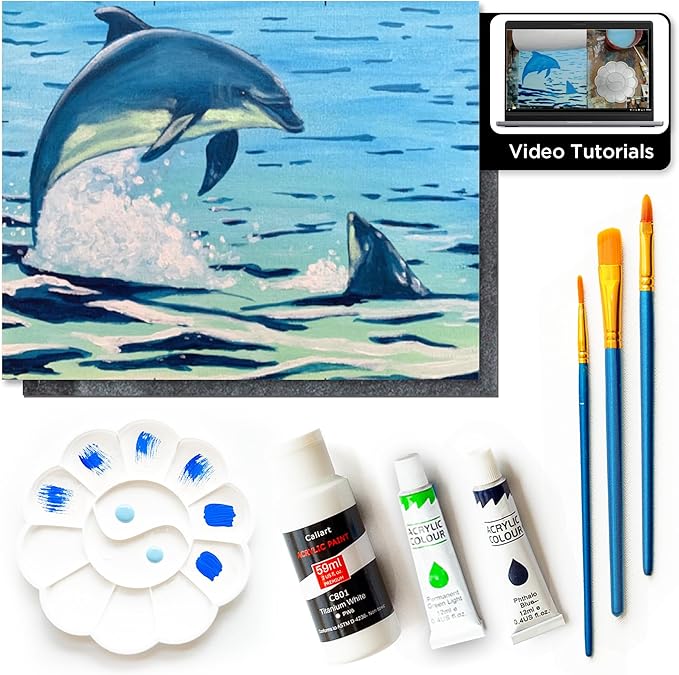 DIY Painting Class Kit for Adults with Video Tutorials: Learn to Paint Dolphins – How to Paint with Acrylics – Painting & Art Supplies – 9 Piece Acrylic Paint Set