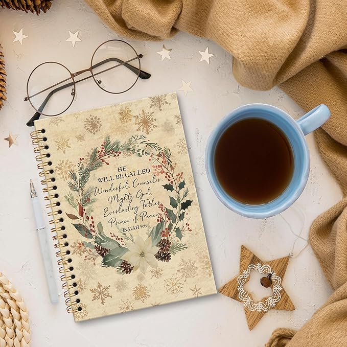 XNXLDYLH Vintage Christian Christmas Wreath Notebook Journal, Isaiah 9:6 Church Spiral Notebook, Bible Study Prayer Journals Notebooks, Christmas Christian Office School Supplies Gifts, 5.5x8.3 Inch
