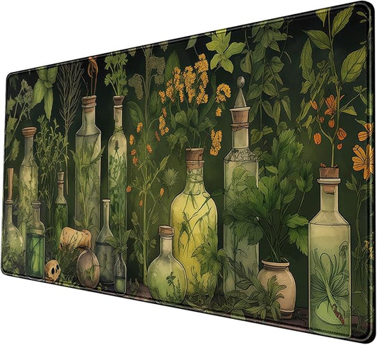 Green Enchanted Apothecary Desk Mat - Large Mouse Pad Mystical Herb Jars with Vines- Gothic Alchemy Bottles & Botanical Curiosities- Witchy Potion Brewer XL Desk Pad Cottagecore Decor 31.5 * 15.7in
