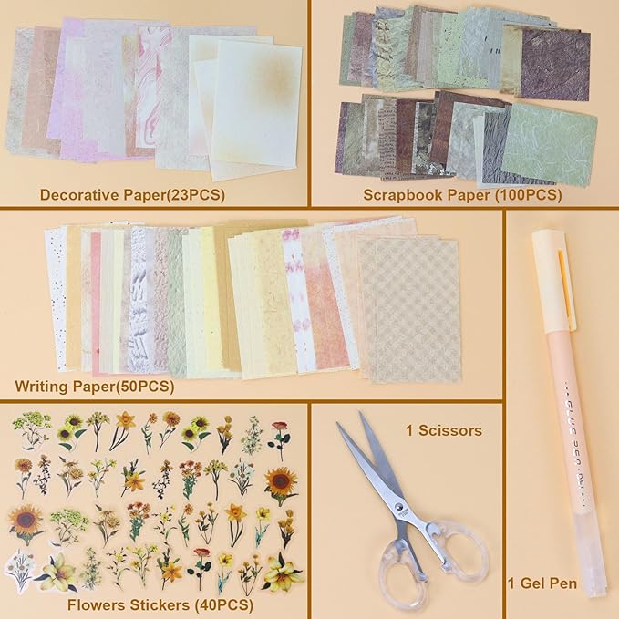 Koqye 215PCS Aesthetic Scrapbook Paper Pack, Junk Journal Supplies Starter Kit with Floral Stickers, Scissor, Quick Dry Glue Pen, Scrapbook Kit for Planner DIY Arts Craft Collage(Tangerine Dream)