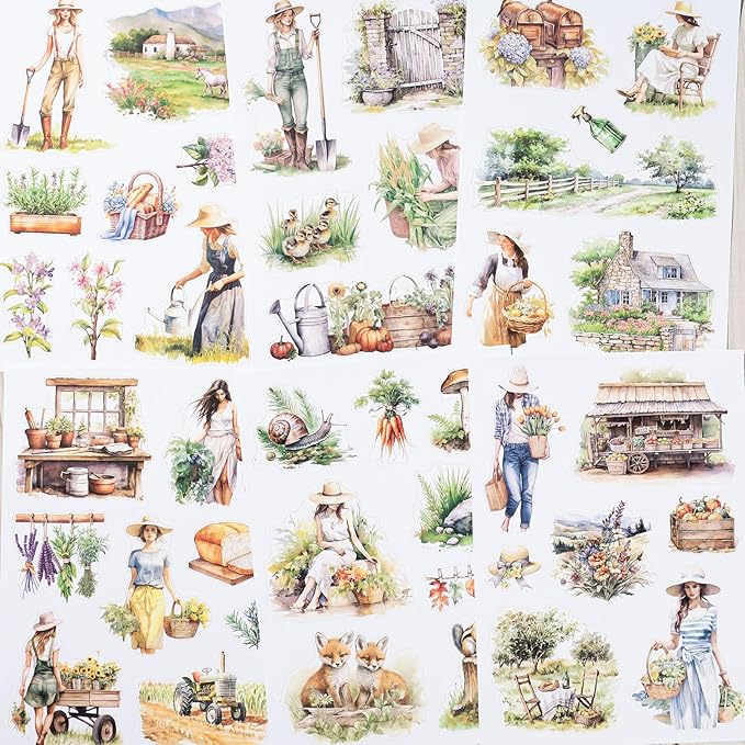 Countryside Journaling Stickers, Junk Journal Sticker for Adults, 20 Sheets Pre-Cut Stickers, Vintage Ephemera Scrapbooking Supplies, Craft Arts