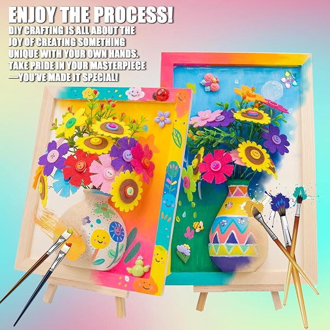 FTBox Crafts Gift for Girls, DIY 3D Felt Flowers Wooden Vase Picture Frame Painting Kit, Arts and Crafts Project for Kids Age 6 7 8 9 10 11 12 Years Old (Felt Flowers)