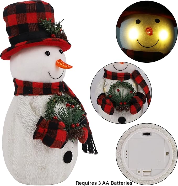 Christmas Lighted Snowman, 12" With Wreath Table Decorations, Red Black Plaid Xmas Decor for Home Kitchen Holiday Party