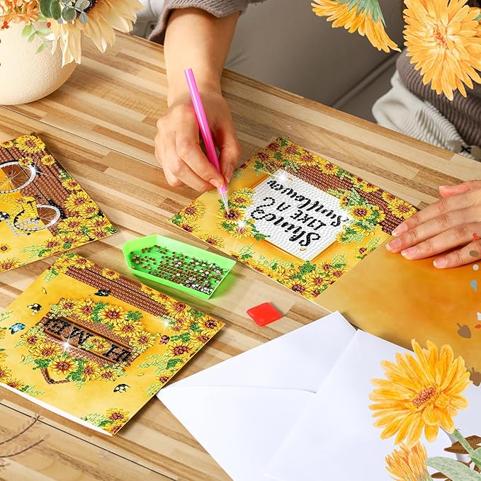 Saillong 12 Pack Sunflower Diamond Painting Greeting Card Kits DIY Diamond Art Cards with Envelopes Summer Flowers Gnome 5D Rhinestones Painting Card for Adults DIY Crafts Family Friend Birthday Gifts