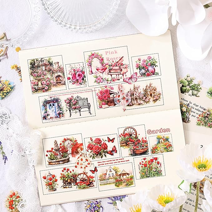 SIBLYMONA Vintage Stickers 150 Sheets Pack Over 800+ Pieces, Floral Butterfly Transparent Stickers for Scrapbooking Journaling, Junk Journal Supplies Transfers Crafts (Shadow of Flower)