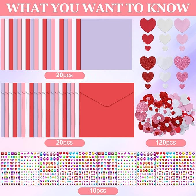 Tinlade 20 Pack Valentines Crafts Valentines's Day DIY Card Making Kit for Kids with 20 Cards 20 Envelopes 120 Foam Heart Stickers 10 Sheets Diamond Stickers for Boys Girls Classroom Exchange Gift