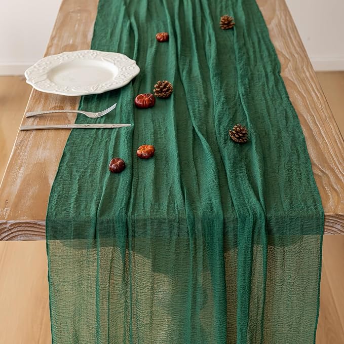 Keketoarrange 6pcs Emerald Green Table Runner Cheesecloth Gauze 120 Inch 10 FT Rustic Boho Cheese Cloth Table Decor for Wedding Baby Bridal Shower Party Long Sheer Vintage Spring Home Decorations