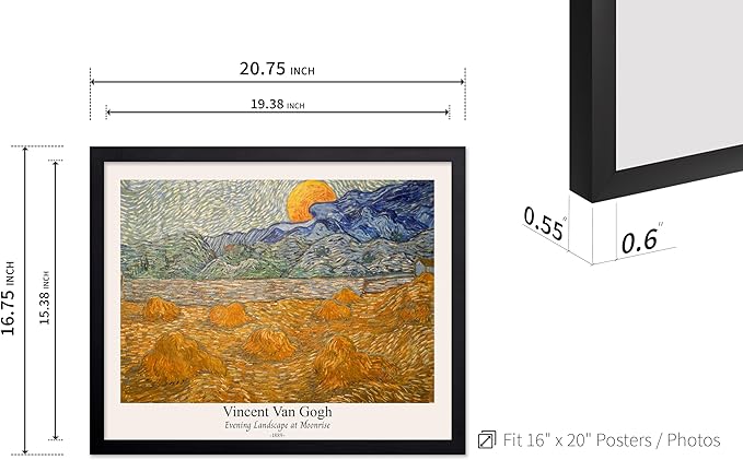 Monem Art Vintage Van Gogh Poster - Retro Evening Landscape at Moonrise Print - Impressionism Art - Fine Art - Classic Painting Art - Aesthetic Living Room Wall Decor - 16x20 Black Framed