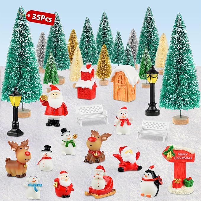 PLULON 35Pcs Christmas Ornament Figurines Mini Christmas Trees Snowman Santa Claus Xmas Village Accessories Bottle Brush Trees for Office Home Dollhouse Tabletop Winter Holiday Party Decorations