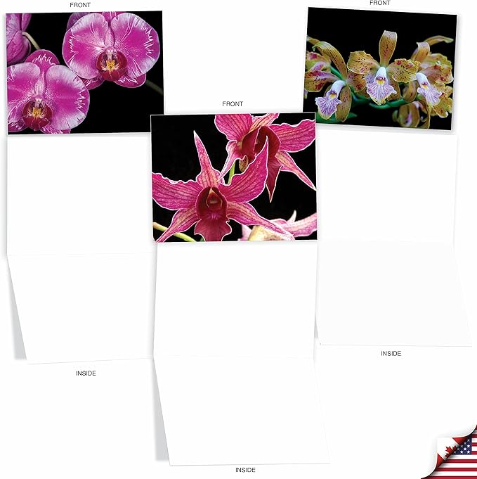 The Best Card Company - 10 Blank Note Cards with Flowers (4 x 5.12 Inch) - Floral Notecards, All Occasion Boxed Assortment - Orchid Nights M1734BN