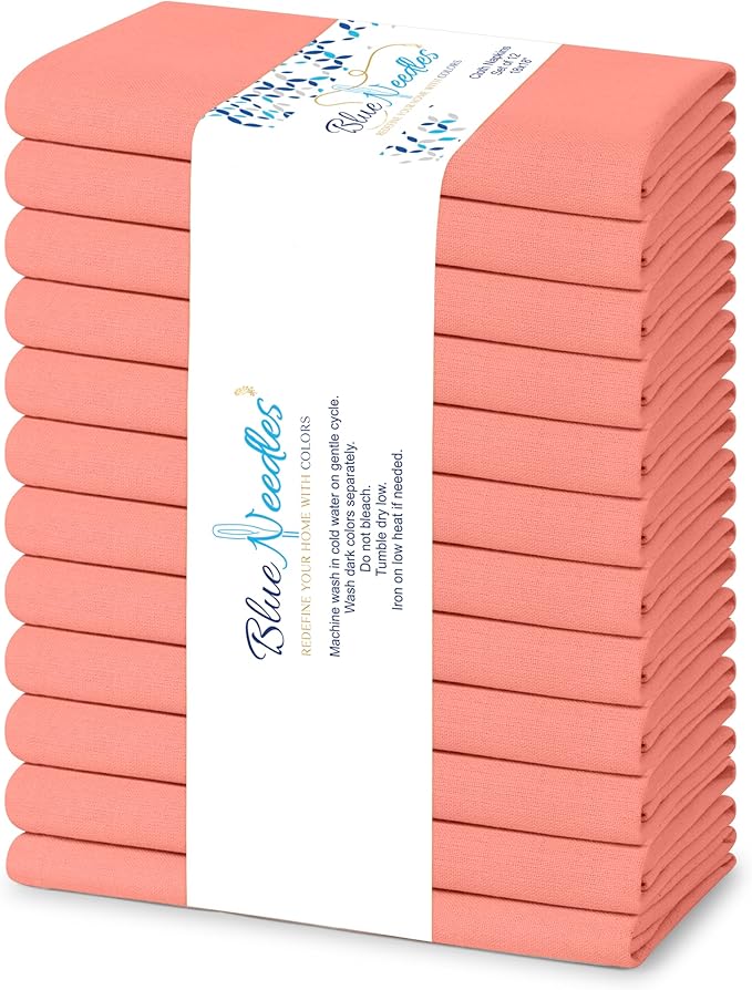 Blue Needles Solid Cloth Napkins Set of 12 Salmon 100% Cotton Dinner Napkins 18x18 inches - Soft, Reusable, Absorbent & Washable Linen, Ideal for Christmas Events, Parties & Everyday Use