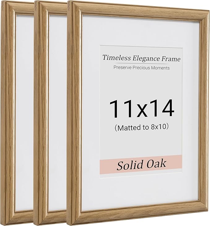 Heimlove 11x14 Picture Frame,11 x 14 Solid White Oak Photo Frame Matted to 8x10 with Tempered Glass,11"x14" Handcrafted wood Frame,Vertical or Horizontal Wall Hanging,Art Photo and Prints,3 Pack