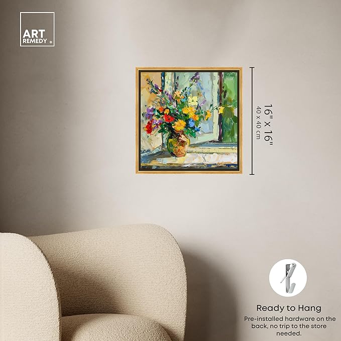 Art Remedy Vase By The Window Framed Impressionism 1 Piece Canvas Wall Art/Monet And Van Gogh Inspired Art, 17.5" x 17.5", Gold Frame