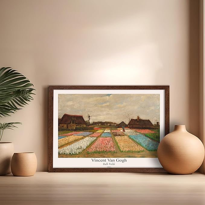Monem Art Vintage Van Gogh Poster - Retro Bulb Fields Print - Flower Beds in Holland Art - Impressionism Art - Fine Art - Classic Painting Art - Great Bedroom Wall Decor - 16x20 Brown Framed