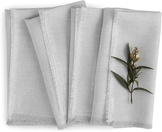 Solino Home Light Grey Linen Napkins Set of 4-100% Pure Linen Fringe Dinner Napkins 20 x 20 Inch for Spring, Easter - Handcrafted and Machine Washable