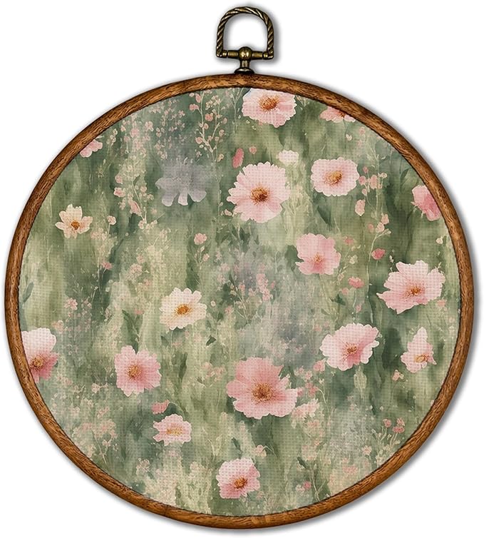 KSDUT Spring Pink Flower Wall Decor Art - Floral Botanical Wall Art Canvas Frame Hanging Prints, Preppy Trendy Wildflower Round Wall Art Decor for Farmhouse Gallery Home Decorations 10"x10"
