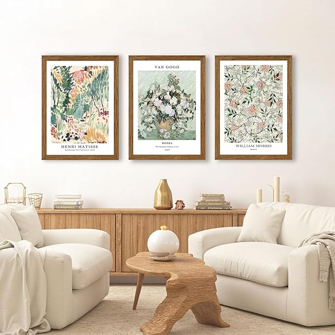InspiredHues 3 Piece Sage Green Vintage Canvas Wall Art Landscape Flower Botanical Canvas Wall Decor Henri Matisse Van Gogh William Morris Artwork Prints for Bedroom Living Room 16x24 In Wood Frame